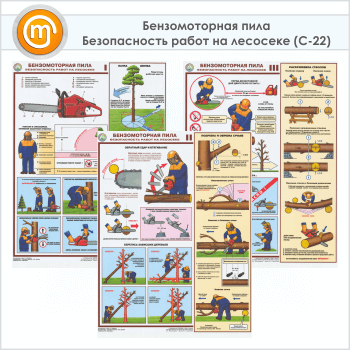 Плакаты «Бензомоторная пила. Безопасность работ на лесосеке» (С-22, ламинированная бумага, А2, 3 листа)